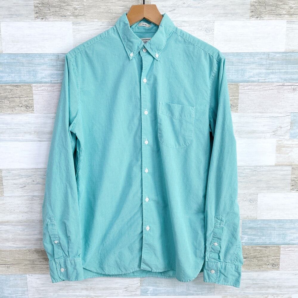 J Crew Cotton Poplin Shirt Green Micro Gingham Button Down Slim Fit Mens Medium